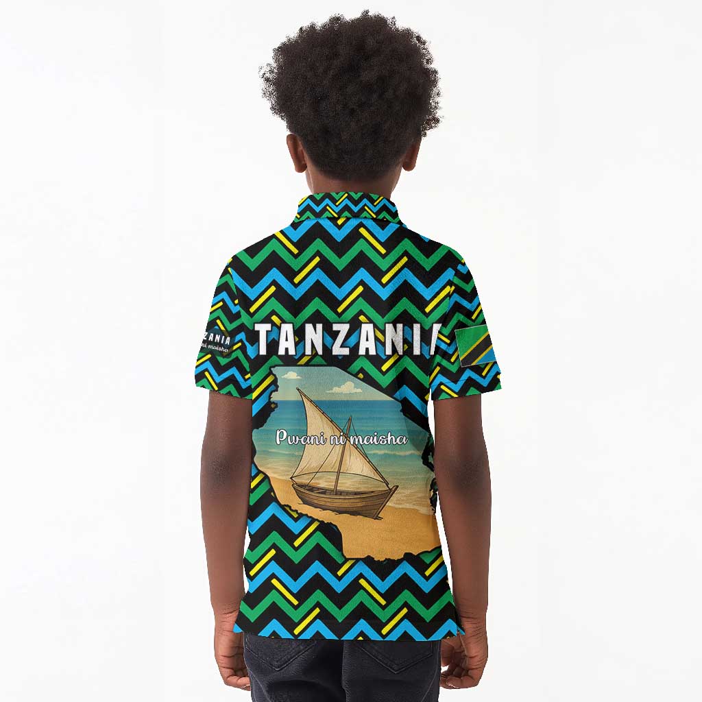 Tanzania Coastal Life Kid Polo Shirt - Swahili Dhow Boat and Tribal Pattern
