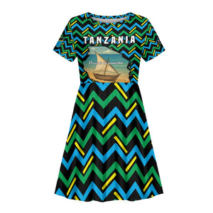 Tanzania Coastal Life Kid Short Sleeve Dress - Swahili Dhow Boat and Tribal Pattern