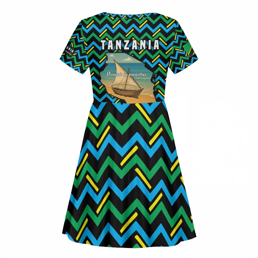 Tanzania Coastal Life Kid Short Sleeve Dress - Swahili Dhow Boat and Tribal Pattern