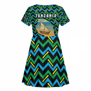 Tanzania Coastal Life Kid Short Sleeve Dress - Swahili Dhow Boat and Tribal Pattern