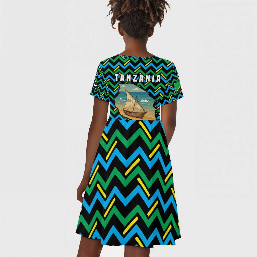 Tanzania Coastal Life Kid Short Sleeve Dress - Swahili Dhow Boat and Tribal Pattern