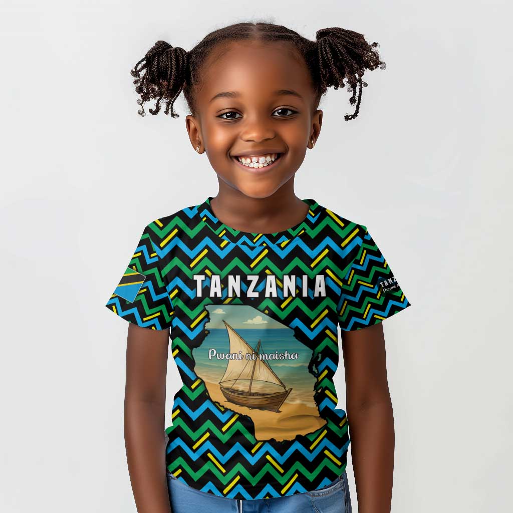 Tanzania Coastal Life Kid T shirt - Swahili Dhow Boat and Tribal Pattern
