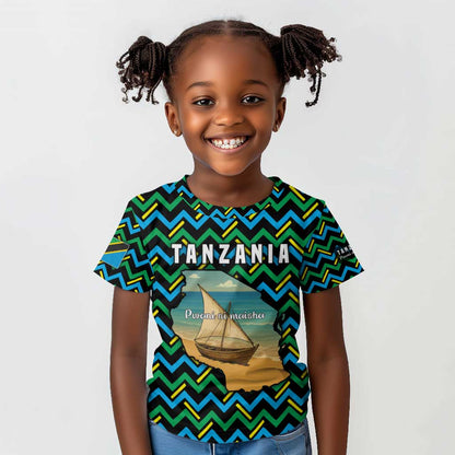 Tanzania Coastal Life Kid T shirt - Swahili Dhow Boat and Tribal Pattern