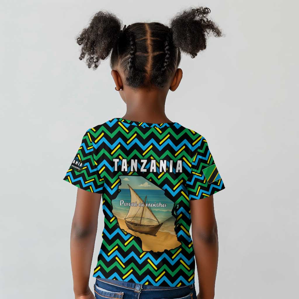Tanzania Coastal Life Kid T shirt - Swahili Dhow Boat and Tribal Pattern