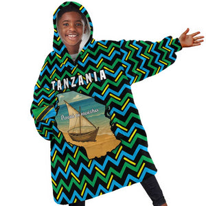 Tanzania Coastal Life Kid Wearable Blanket Hoodie - Swahili Dhow Boat and Tribal Pattern