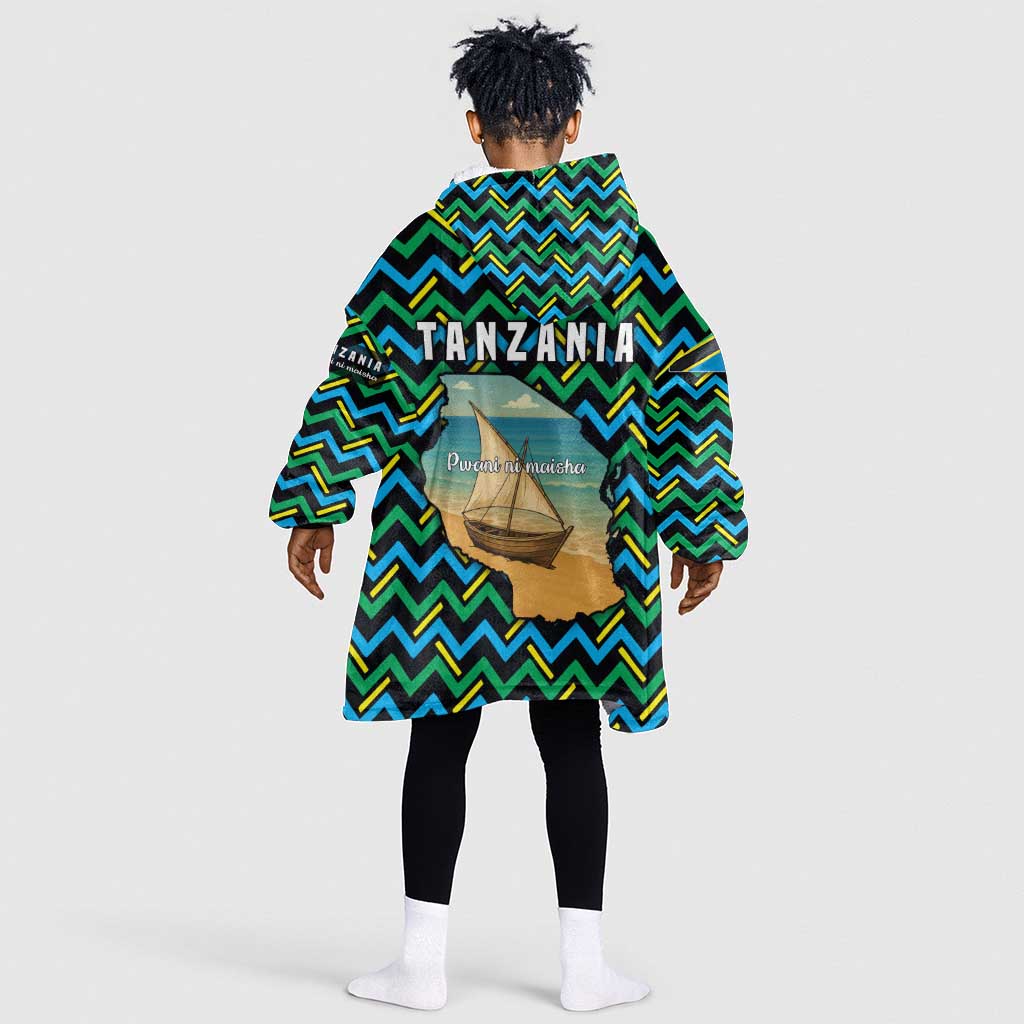 Tanzania Coastal Life Kid Wearable Blanket Hoodie - Swahili Dhow Boat and Tribal Pattern