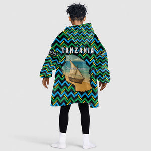 Tanzania Coastal Life Kid Wearable Blanket Hoodie - Swahili Dhow Boat and Tribal Pattern