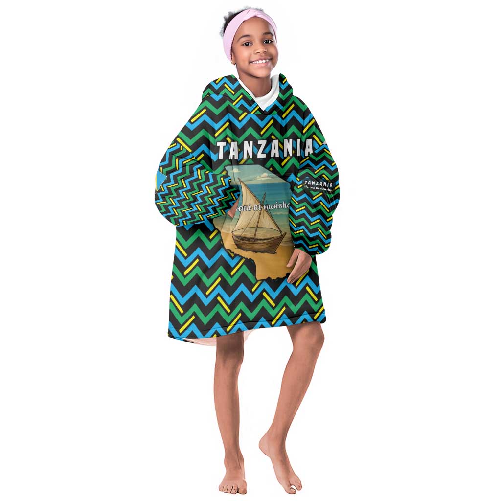 Tanzania Coastal Life Kid Wearable Blanket Hoodie - Swahili Dhow Boat and Tribal Pattern
