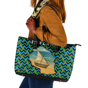 Tanzania Coastal Life Leather Tote Bag - Swahili Dhow Boat and Tribal Pattern