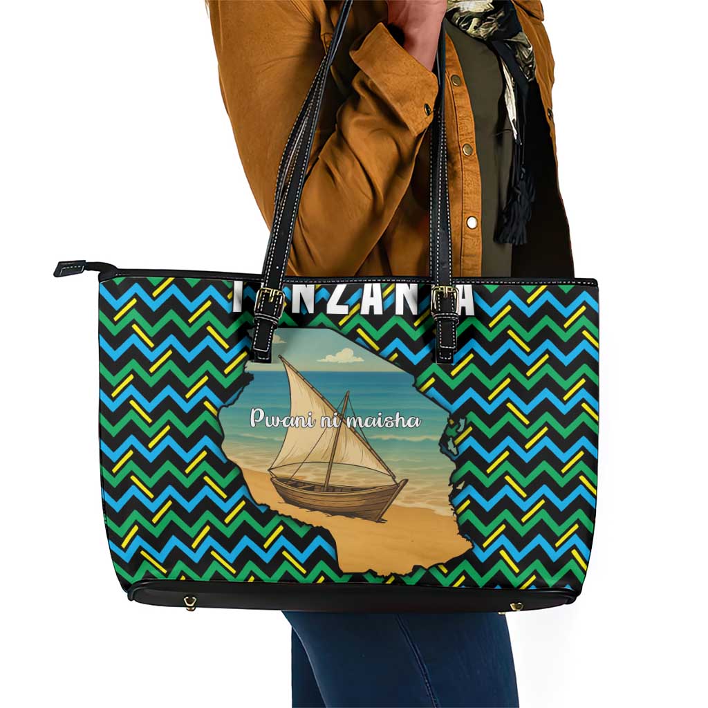 Tanzania Coastal Life Leather Tote Bag - Swahili Dhow Boat and Tribal Pattern