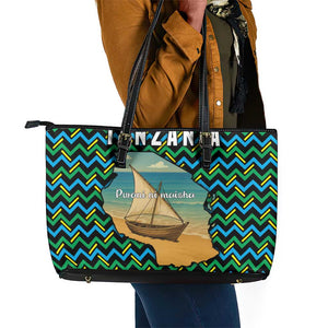 Tanzania Coastal Life Leather Tote Bag - Swahili Dhow Boat and Tribal Pattern