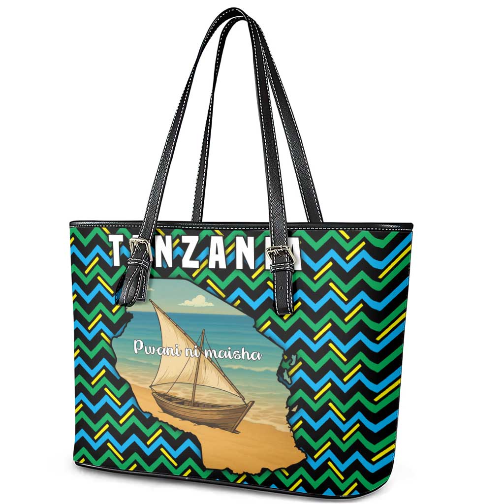Tanzania Coastal Life Leather Tote Bag - Swahili Dhow Boat and Tribal Pattern