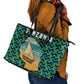 Tanzania Coastal Life Leather Tote Bag - Swahili Dhow Boat and Tribal Pattern