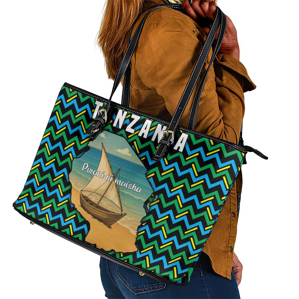 Tanzania Coastal Life Leather Tote Bag - Swahili Dhow Boat and Tribal Pattern