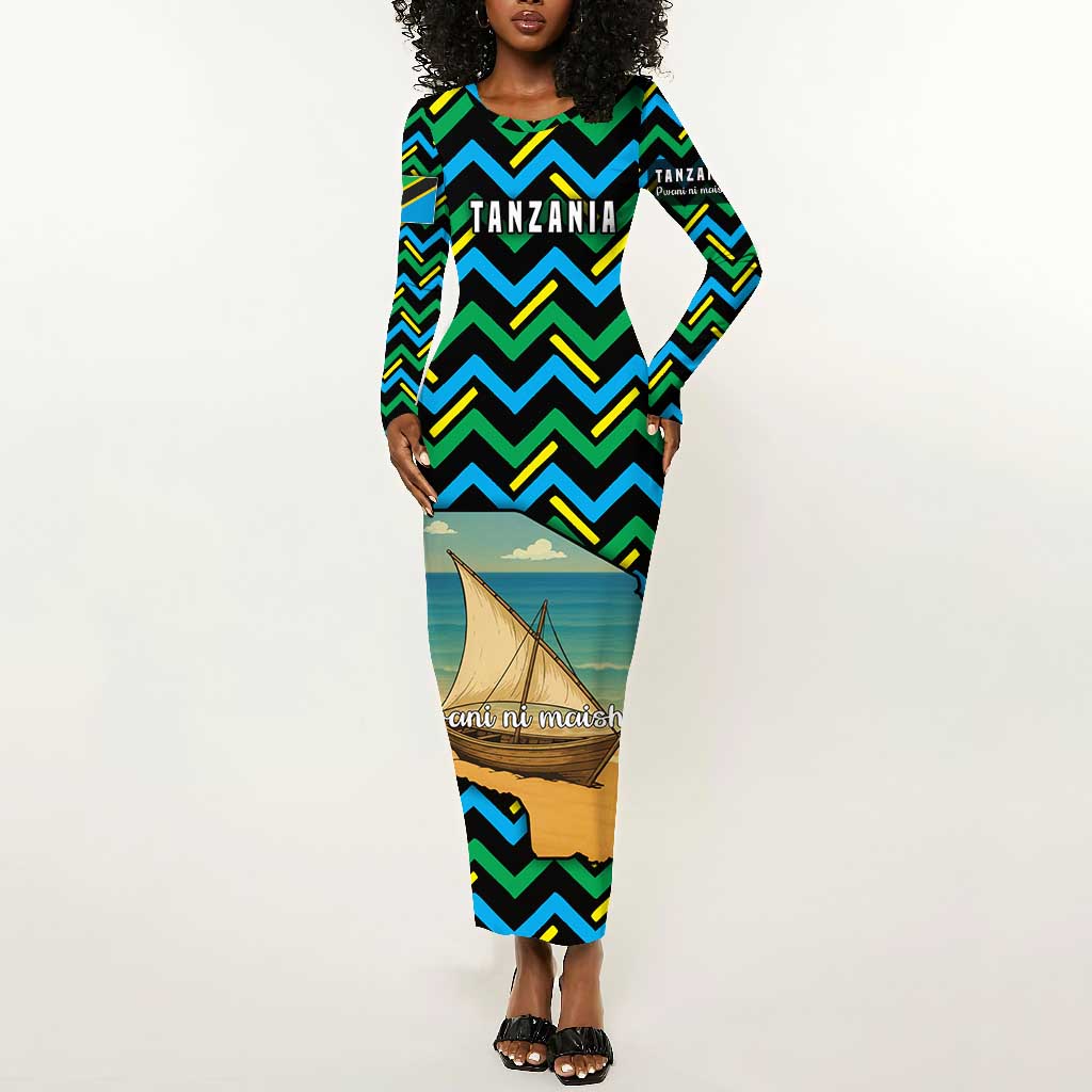 Tanzania Coastal Life Long Sleeve Bodycon Dress - Swahili Dhow Boat and Tribal Pattern
