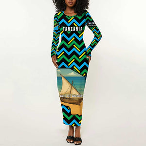 Tanzania Coastal Life Long Sleeve Bodycon Dress - Swahili Dhow Boat and Tribal Pattern
