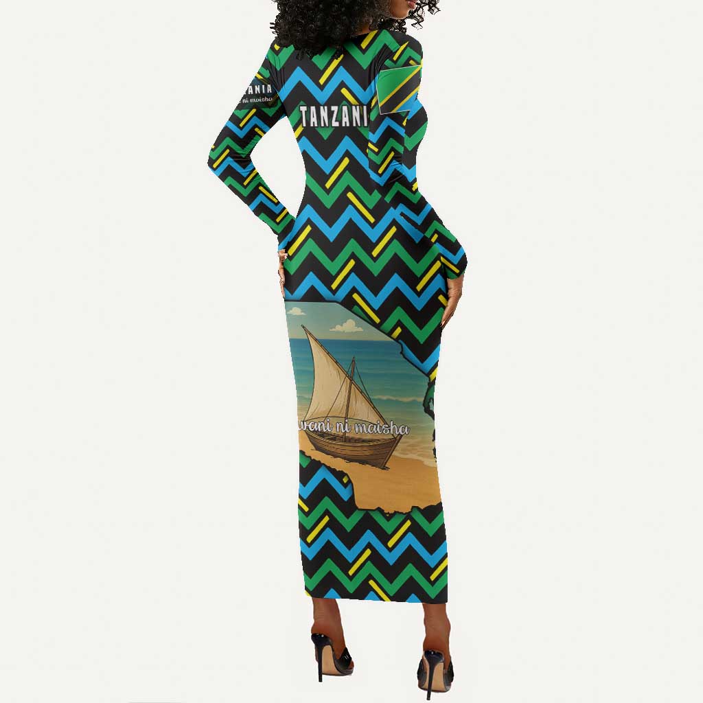 Tanzania Coastal Life Long Sleeve Bodycon Dress - Swahili Dhow Boat and Tribal Pattern