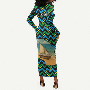 Tanzania Coastal Life Long Sleeve Bodycon Dress - Swahili Dhow Boat and Tribal Pattern