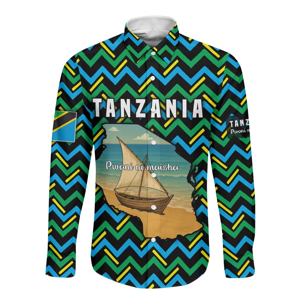 Tanzania Coastal Life Long Sleeve Button Shirt - Swahili Dhow Boat and Tribal Pattern