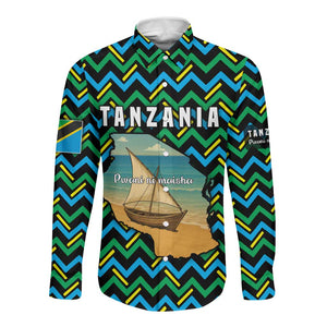 Tanzania Coastal Life Long Sleeve Button Shirt - Swahili Dhow Boat and Tribal Pattern