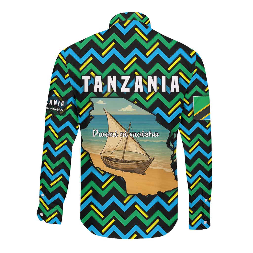 Tanzania Coastal Life Long Sleeve Button Shirt - Swahili Dhow Boat and Tribal Pattern