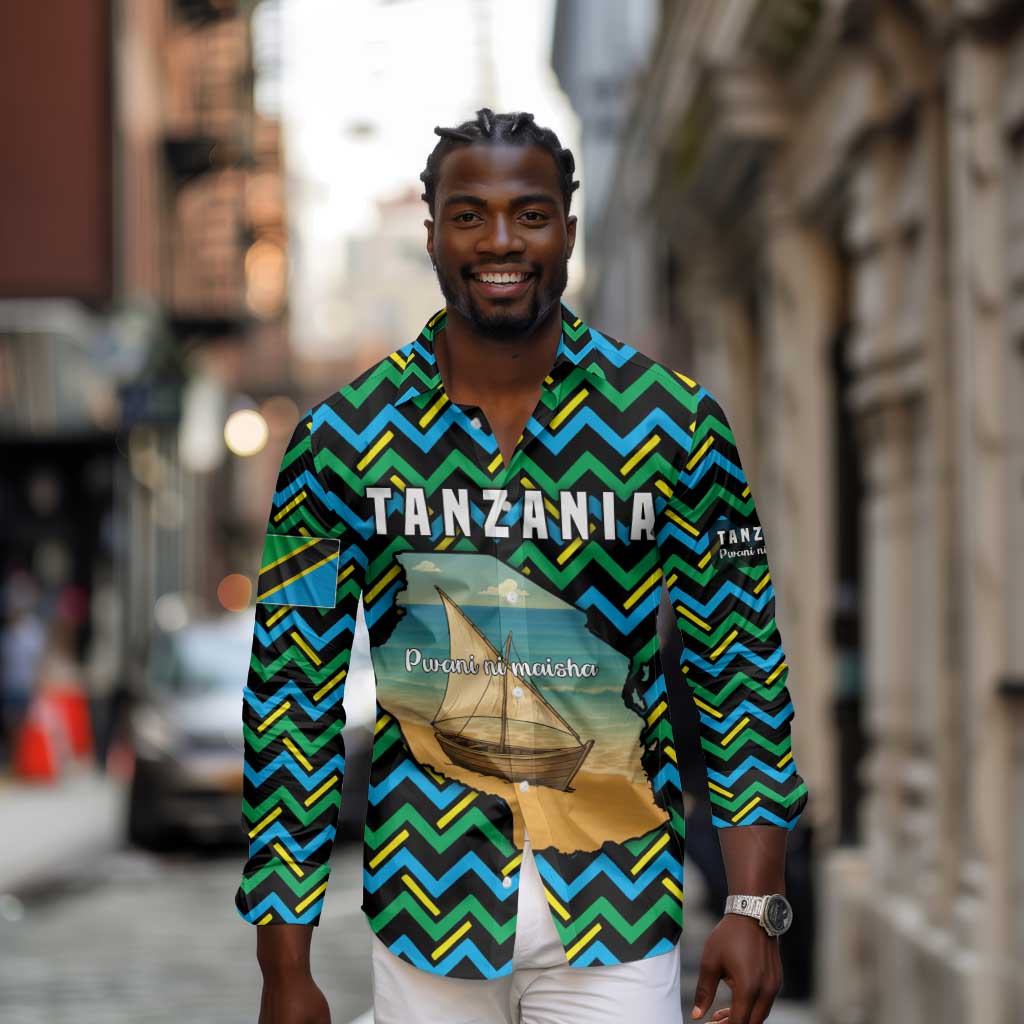 Tanzania Coastal Life Long Sleeve Button Shirt - Swahili Dhow Boat and Tribal Pattern