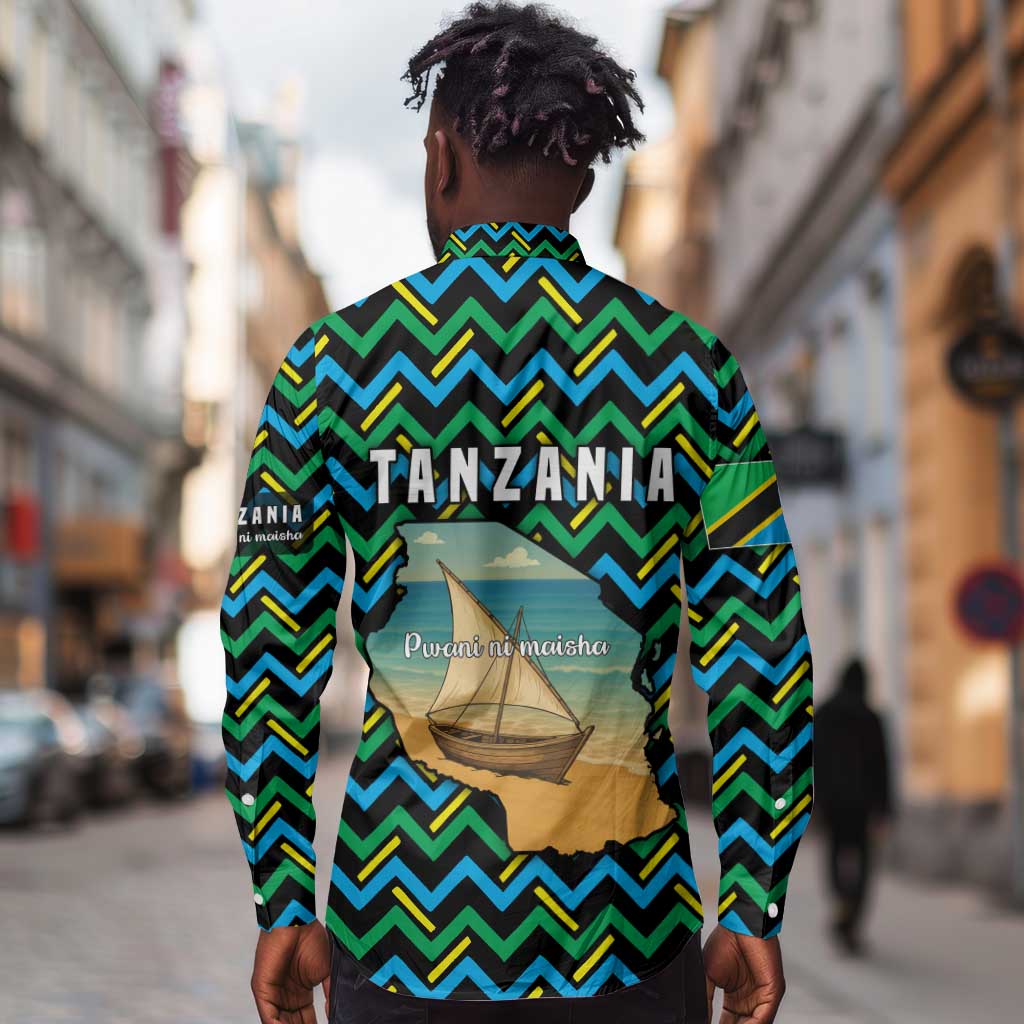 Tanzania Coastal Life Long Sleeve Button Shirt - Swahili Dhow Boat and Tribal Pattern