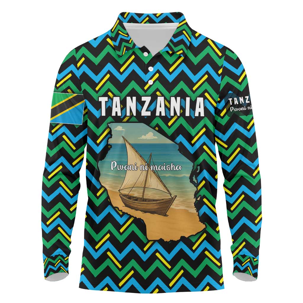 Tanzania Coastal Life Long Sleeve Polo Shirt - Swahili Dhow Boat and Tribal Pattern