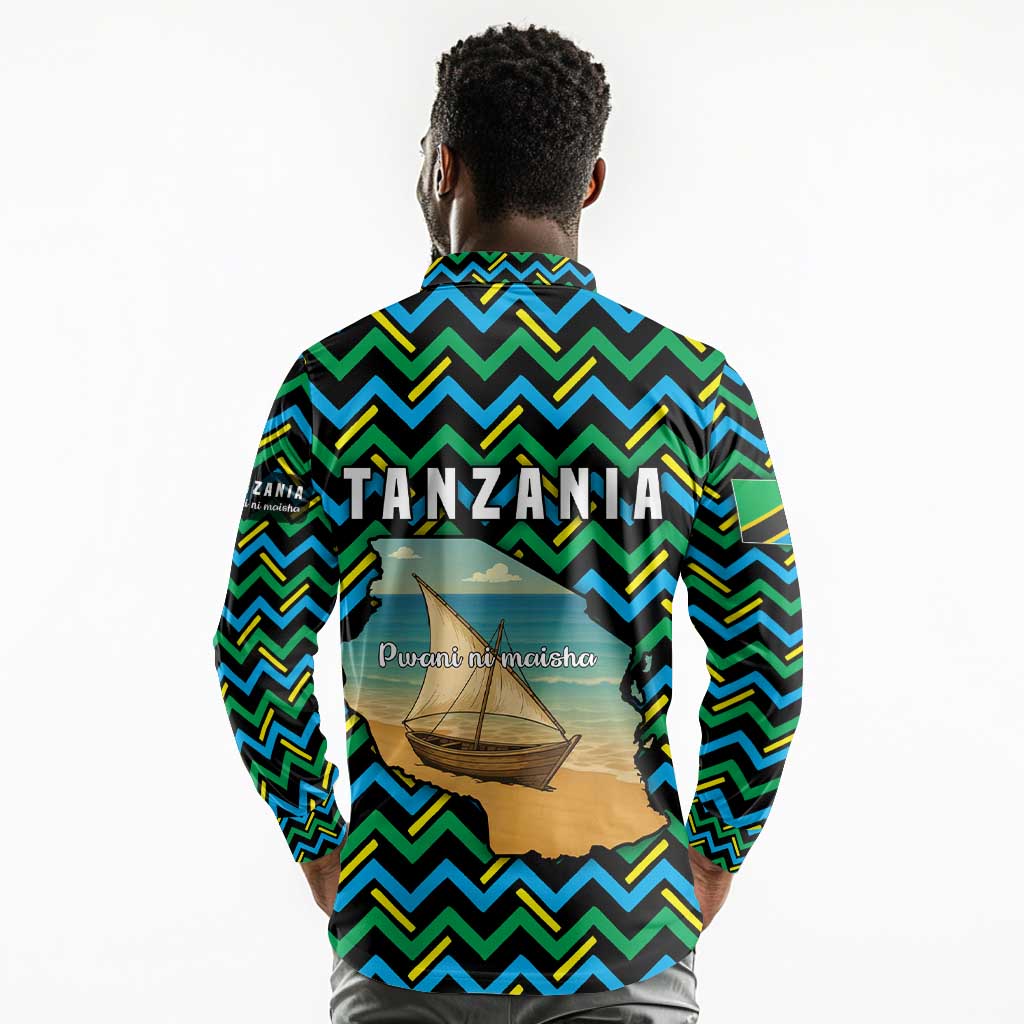 Tanzania Coastal Life Long Sleeve Polo Shirt - Swahili Dhow Boat and Tribal Pattern
