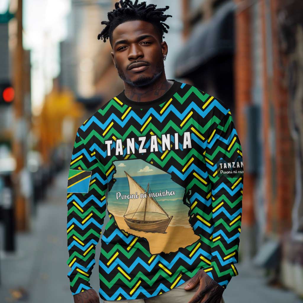 Tanzania Coastal Life Long Sleeve Shirt - Swahili Dhow Boat and Tribal Pattern