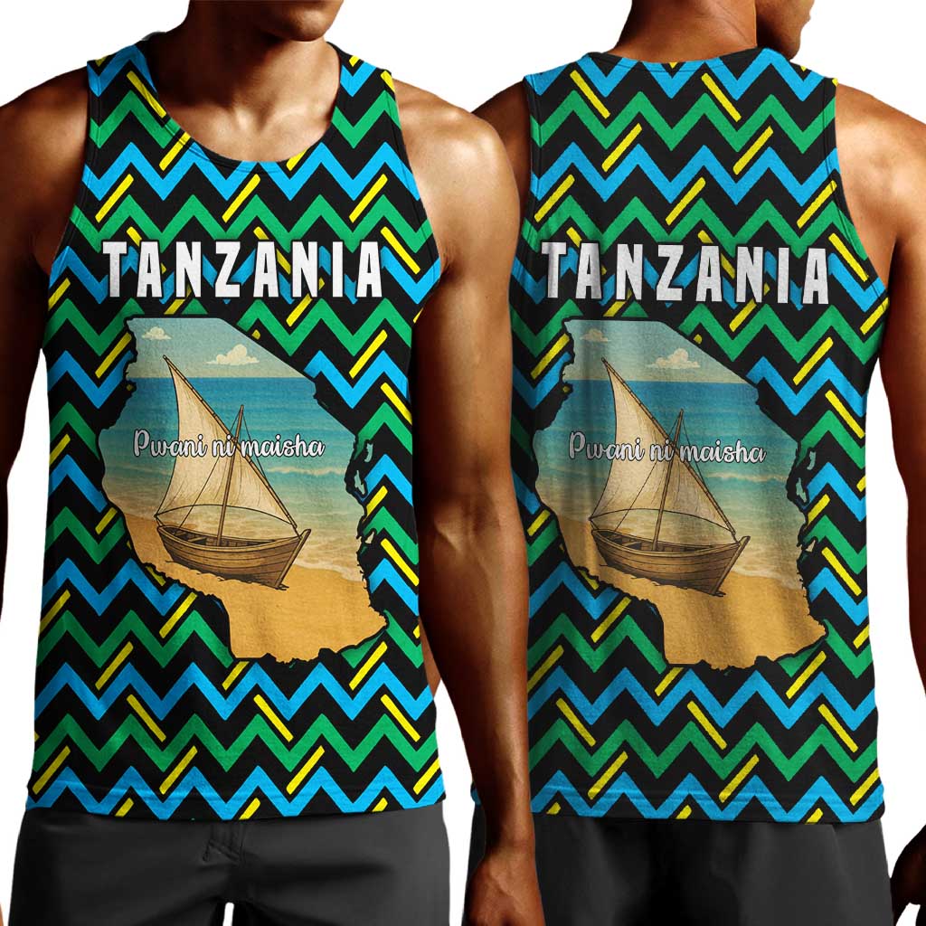 Tanzania Coastal Life Men Tank Top - Swahili Dhow Boat and Tribal Pattern