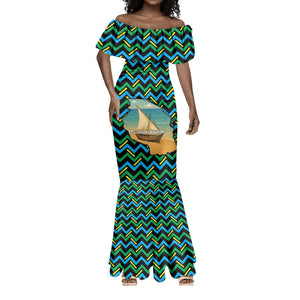 Tanzania Coastal Life Mermaid Dress - Swahili Dhow Boat and Tribal Pattern