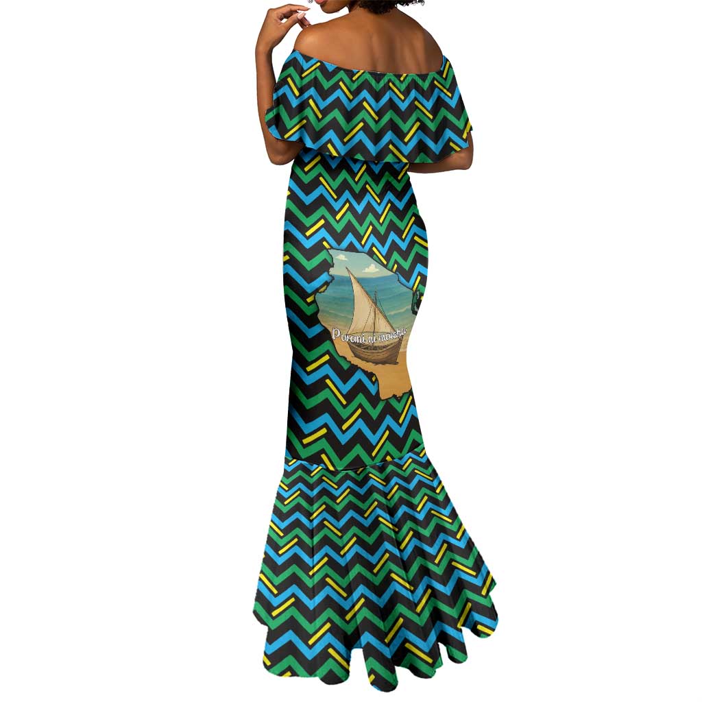 Tanzania Coastal Life Mermaid Dress - Swahili Dhow Boat and Tribal Pattern