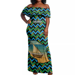 Tanzania Coastal Life Off Shoulder Maxi Dress - Swahili Dhow Boat and Tribal Pattern