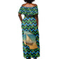 Tanzania Coastal Life Off Shoulder Maxi Dress - Swahili Dhow Boat and Tribal Pattern