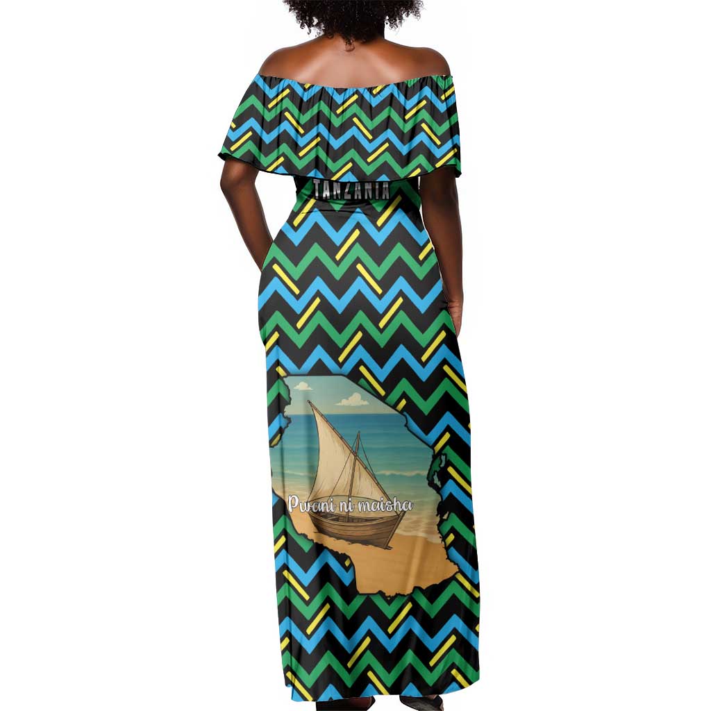 Tanzania Coastal Life Off Shoulder Maxi Dress - Swahili Dhow Boat and Tribal Pattern