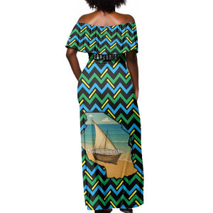 Tanzania Coastal Life Off Shoulder Maxi Dress - Swahili Dhow Boat and Tribal Pattern