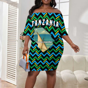 Tanzania Coastal Life Off Shoulder Short Dress - Swahili Dhow Boat and Tribal Pattern