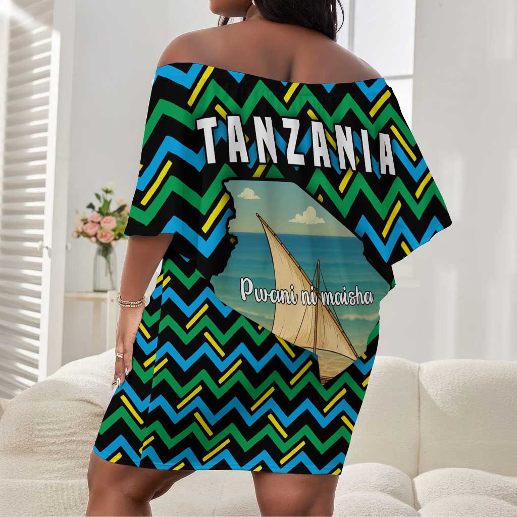 Tanzania Coastal Life Off Shoulder Short Dress - Swahili Dhow Boat and Tribal Pattern
