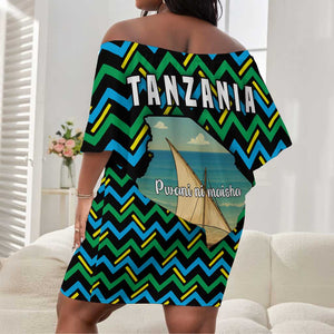 Tanzania Coastal Life Off Shoulder Short Dress - Swahili Dhow Boat and Tribal Pattern