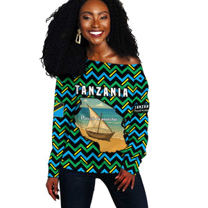 Tanzania Coastal Life Off Shoulder Sweater - Swahili Dhow Boat and Tribal Pattern