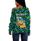 Tanzania Coastal Life Off Shoulder Sweater - Swahili Dhow Boat and Tribal Pattern
