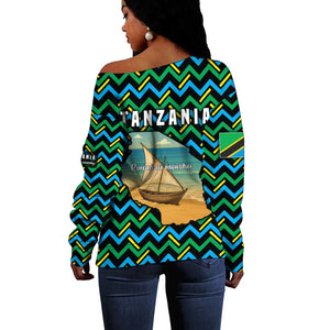 Tanzania Coastal Life Off Shoulder Sweater - Swahili Dhow Boat and Tribal Pattern