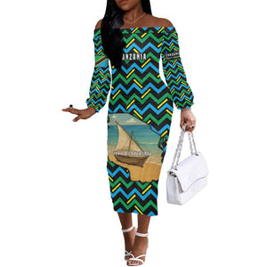 Tanzania Coastal Life Off The Shoulder Long Sleeve Dress - Swahili Dhow Boat and Tribal Pattern
