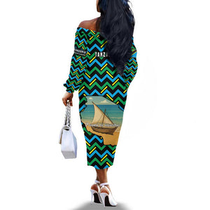 Tanzania Coastal Life Off The Shoulder Long Sleeve Dress - Swahili Dhow Boat and Tribal Pattern