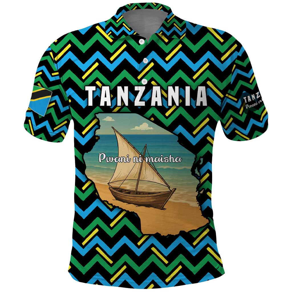 Tanzania Coastal Life Polo Shirt - Swahili Dhow Boat and Tribal Pattern