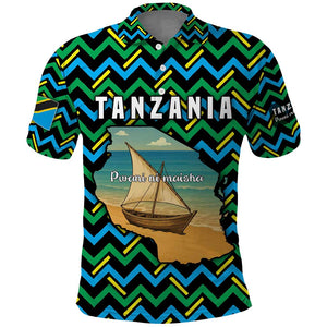 Tanzania Coastal Life Polo Shirt - Swahili Dhow Boat and Tribal Pattern