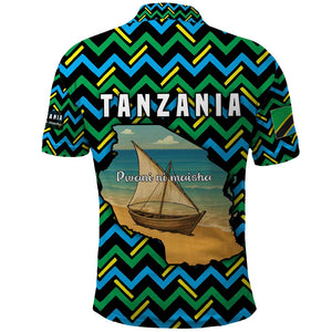 Tanzania Coastal Life Polo Shirt - Swahili Dhow Boat and Tribal Pattern
