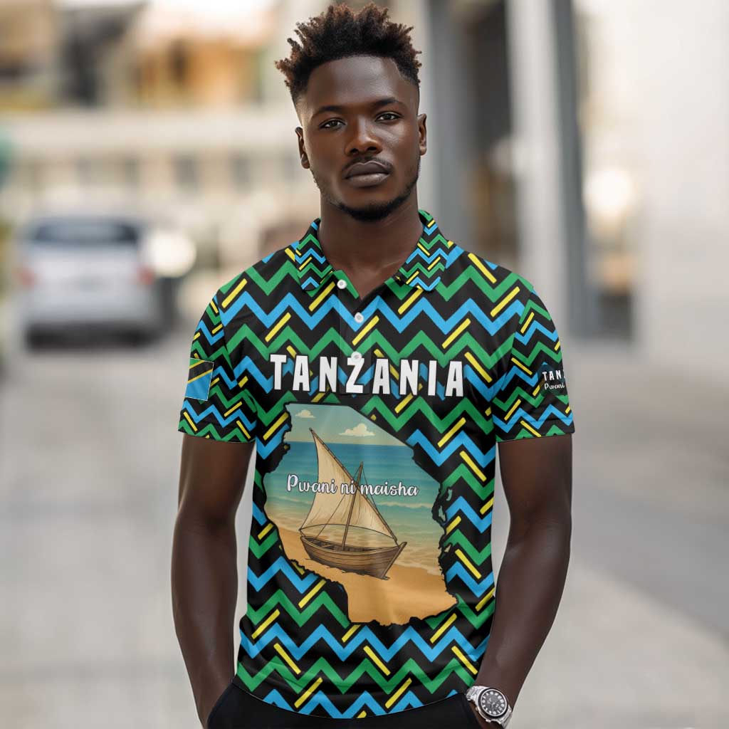 Tanzania Coastal Life Polo Shirt - Swahili Dhow Boat and Tribal Pattern