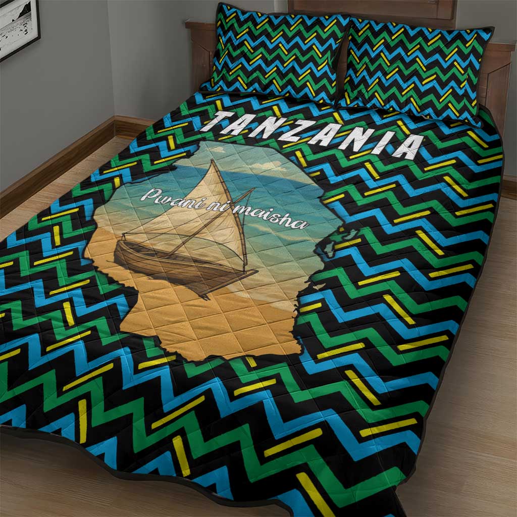 Tanzania Coastal Life Quilt Bed Set - Swahili Dhow Boat and Tribal Pattern